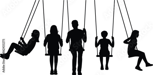 Family silhouettes swinging on playground together, parents and children enjoying childhood joy, bonding leisure moment, black figures isolated white background
