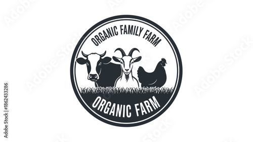 Organic Family Farm Logo with Cow Goat and Chicken.