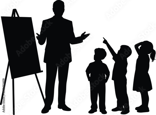 Teacher explaining lesson silhouette, classroom education concept, instructor teaching children, learning interaction, school training illustration, isolated on white background, vector