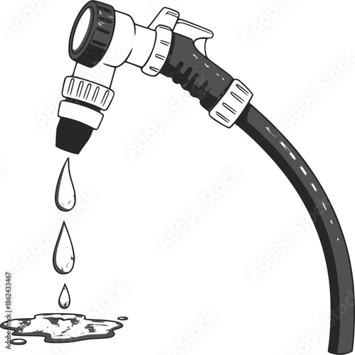 Water hose. Monochrome illustration of a hose dripping some water. Transparent background EPS version.