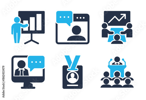 Business Conference and Online Seminars icon set. Solid glyph series icons