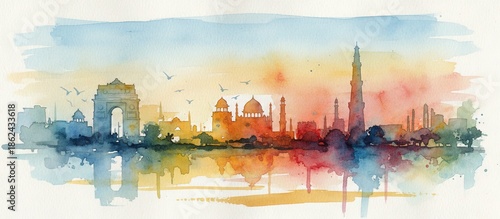 delhi india city skyline watercolor - landscape painting