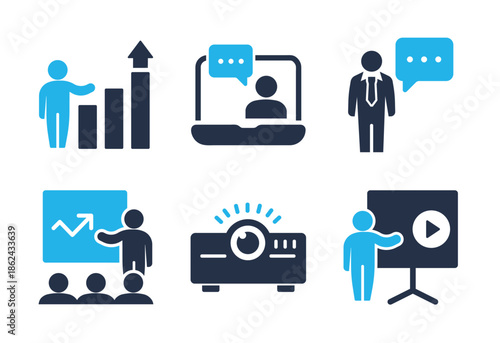 Data Presentation and Educational Tools icon set. Solid glyph series icons