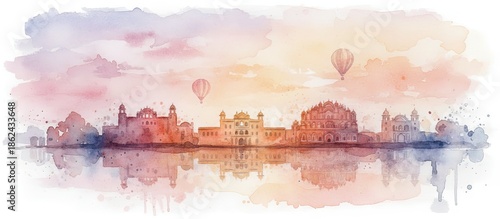 jaipur india city skyline watercolor - landscape painting