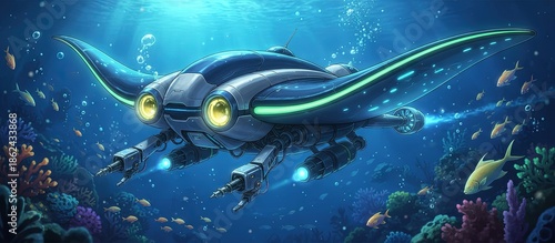 Underwater submerged drone in the ocean - unmanned exploration vehicle, 