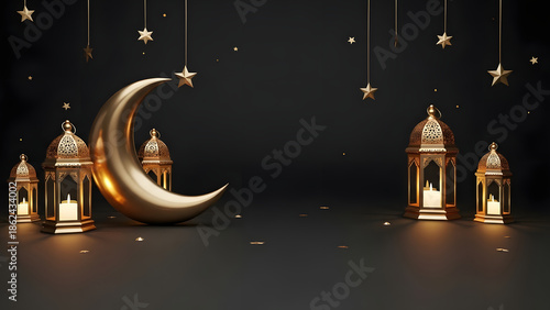 Luxury Ramadan Kareem night scene with golden crescent moon lanterns and stars