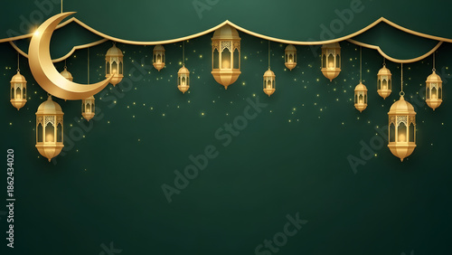 Luxury Ramadan Kareem banner with golden crescent moon hanging lanterns and copy space