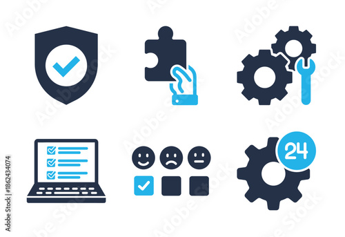 Technical Support and Troubleshooting icon set. Solid glyph series icons