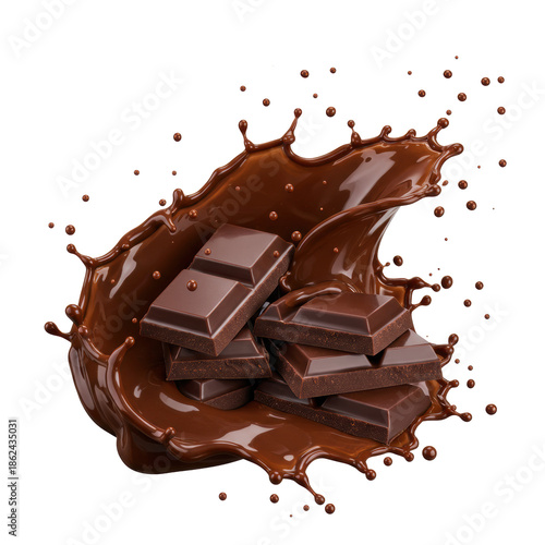 Stacked glossy extra dark chocolate, dynamic splash of viscous melted chocolate with frozen droplets, stark white background, concept for luxury food advertising
