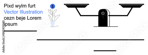 Economic growth, finance balance, decision-making, investments, financial strategy, business planning. Minimalist balance scale and plant with currency symbol. Economic growth and finance balance