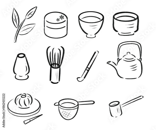 モノクロの手描き茶道具イラストセット