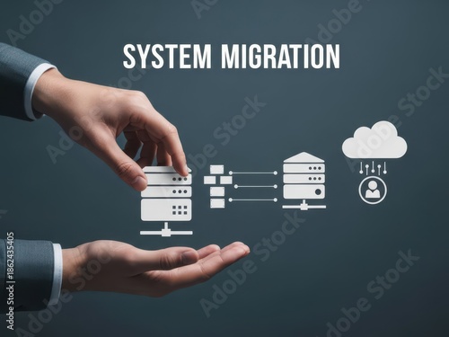 System migration concept with a hand safely transferring data packets from an old server icon to a new cloud server, for IT modernization and digital transformation