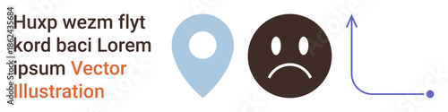 Data visualization, mood tracking, user feedback, analytics, geolocation, business strategy. A location pin, sad face emotion and a chart arrow line. Analytics and mood tracking concept
