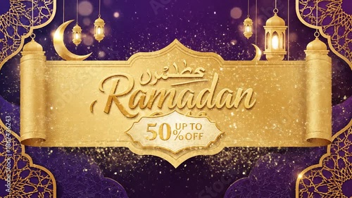 A visually rich and elegant animated background featuring intricate golden patterns against a deep purple backdrop. The scene is adorned with shimmering particles, glowing traditional lanterns, and ma