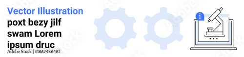 Research, innovation, technology, education, scientific tools, engineering. Visual of two gears and a laptop with a microscope icon. Research and innovation conceptual design