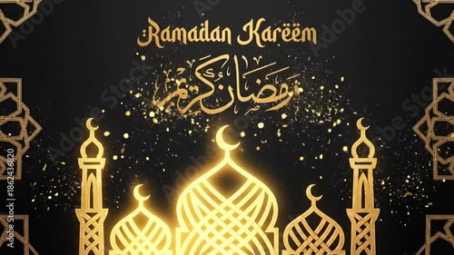A visually rich and elegant animation features gleaming golden Arabic calligraphy spelling out a celebratory greeting, dynamically appearing and shimmering amidst sparkling particles against a deep bl