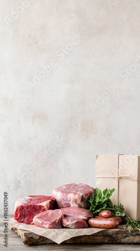 Vintage inspired vertical photograph of rustic meat selection with herbs for culinary design