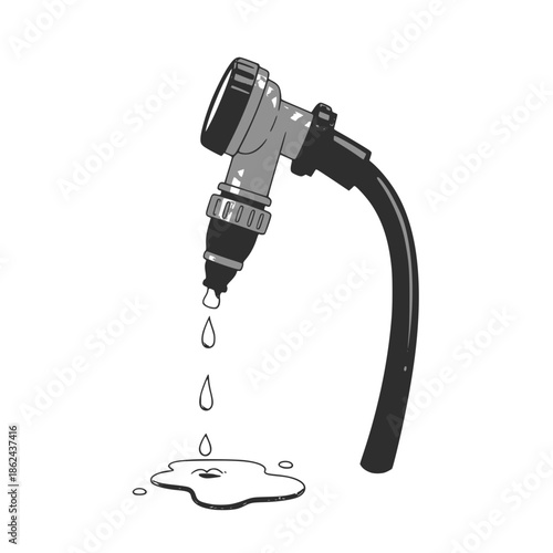 Water hose. Monochrome illustration of a hose dripping some water. Transparent background SVG version.