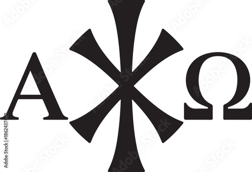 Black alpha omega and chi rho symbols representing beginning end and Christ classic religious iconography ancient inscription