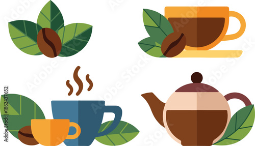 Collection of coffee beans leaves cups and teapot in flat minimal graphic style