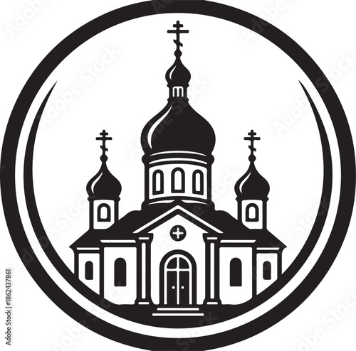 Black silhouette of orthodox church with domes and crosses inside circle on checkered background