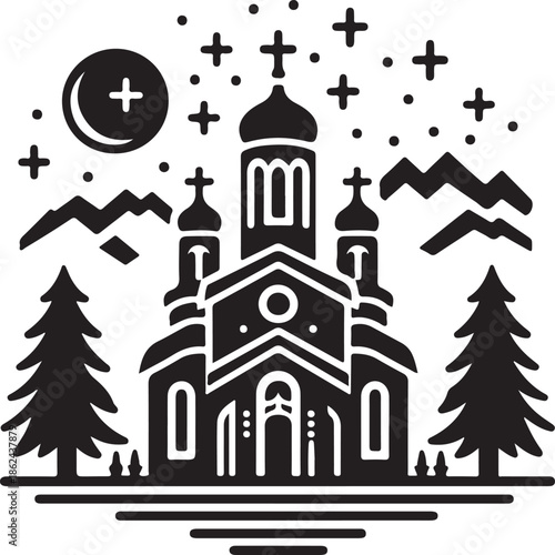 Black silhouette of orthodox church with mountain, moon and trees on checkered background