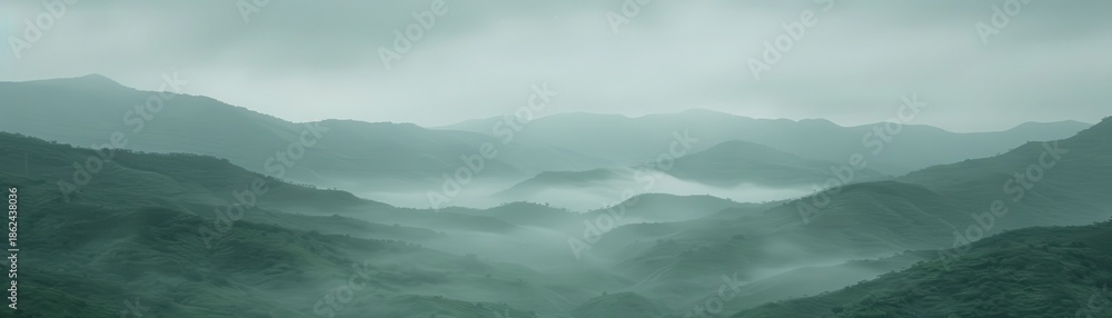 Naklejka premium A misty mountain landscape with layered hills, blending shades of green and gray, creating a serene and atmospheric scene.