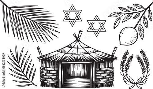 Sukkot holiday elements illustration for jewish festival of booths religious symbols