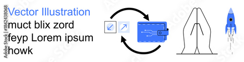 Financial technology, cryptocurrency, digital growth, innovation, data transfer, transactions. Wallet with arrows, hands and rocket. Financial technology and cryptocurrency transaction concept