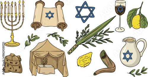 Sukkoth holiday elements for jewish festival like lulav etrog sukkah menorah symbols