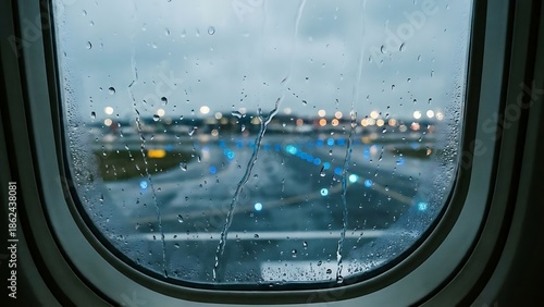 Rain-streaked airplane window offers a blurred perspective of a bustling airport runway with illuminated lights at dusk, capturing the essence of travel on a moody evening