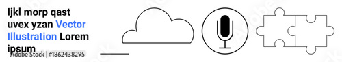 Digital communication, teamwork, online connectivity, cloud storage, technology, and problem solving. Minimalist designs of a cloud, microphone and puzzle pieces. Online connectivity and teamwork