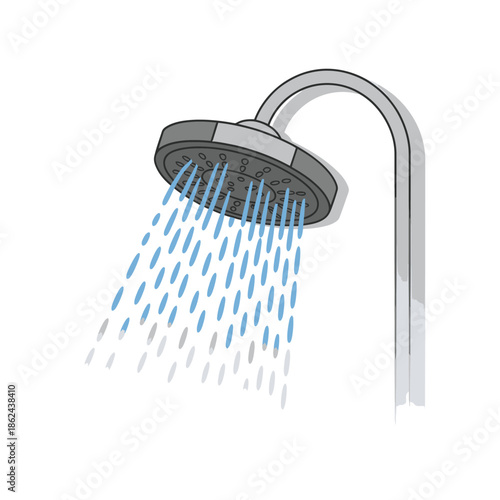 A simple illustration depicting a modern shower head with flowing water