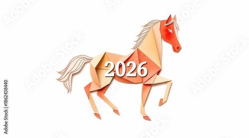 origami style illustration of a horse with text 2026, zodiac sign Year of the Horse, New Year's card