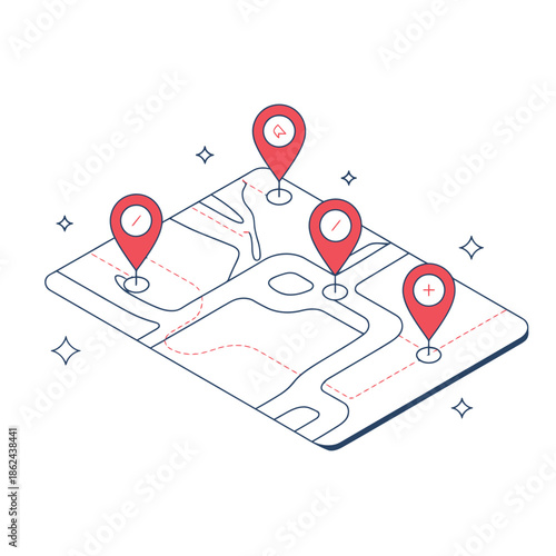 Isometric map illustration with location pins representing geographic points of interest
