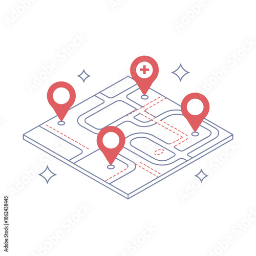 Isometric map illustration with location pins indicating points of interest
