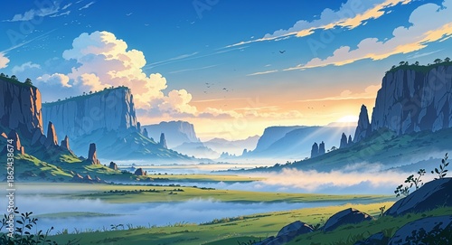 Morning fog on flatlands with craggy hills anime cartoon illustration background scene