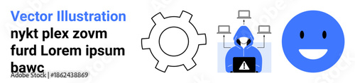 Gear for settings, hooded hacker with laptop implies cyber threats, blue happy face symbolizing positivity. Ideal for tech, cybersecurity, safety, online trust, IT solutions, data security simple