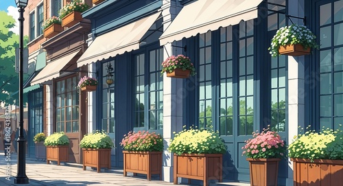 Pedestrian street with flower boxes on windows anime cartoon illustration background scene