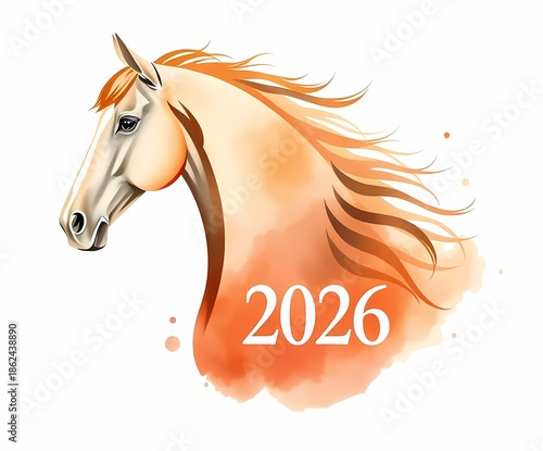 Watercolor illustration of a horse with text 2026, zodiac sign Year of the Horse, Chinese New Year's card.