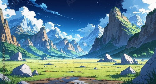 Plains dotted with rocks leading to towering mountains anime cartoon illustration background scene