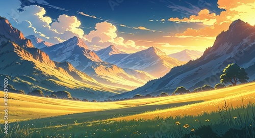 Rolling plains bathed in golden light beneath mountains anime cartoon illustration background scene