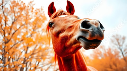 Illustration of a red horse, from a low angle perspective with warm autumn colors, in a fine art photography style, for the zodiac year of the horse, 2026.