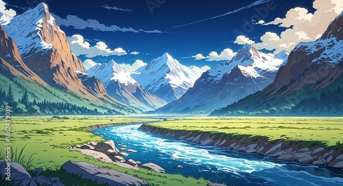 River meandering through plains toward snow capped mountains anime cartoon illustration background scene
