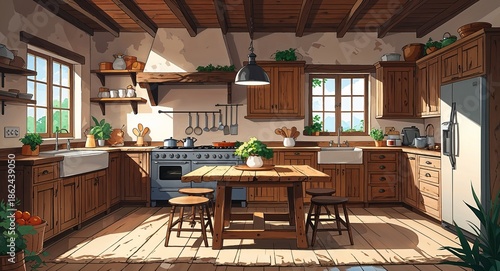 Rustic kitchen with wooden cabinets and farmhouse table anime cartoon illustration background scene