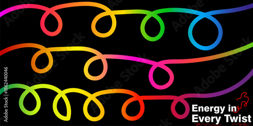 Dynamic swirling lines, energetic and vibrant, rainbow gradient neon glow on dark background, smooth digital graphic for modern technology or party event design.