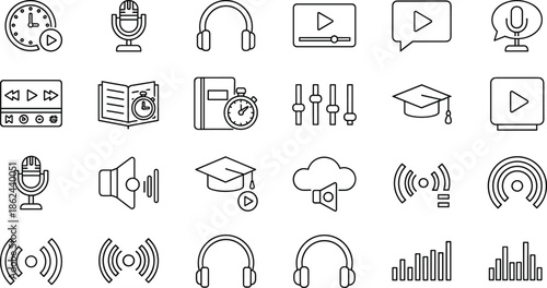 Audio and podcast icons set, music playback tools, sound equipment, online learning elements, recording symbols, media streaming graphics, headphone and microphone illustrations