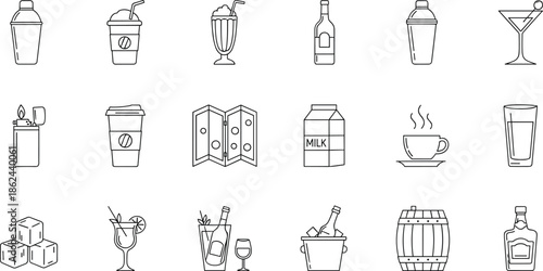 Beverage and drink icons set, coffee and milk symbols, cocktail and alcohol illustrations, bar equipment, juice, shaker, bottle, and glass graphics