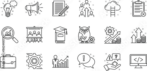 Business education icons set, growth analytics symbols, management training elements, financial success concepts, strategy planning visuals, creative ideas and leadership development