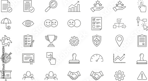 Business performance evaluation icons set, quality control, goal achievement, rating review, success metrics, workflow management, certification, teamwork, productivity improvement